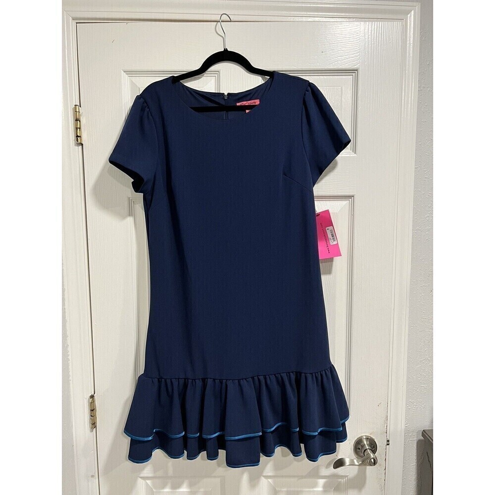 Betsey Johnson Classic Ruffle Hem Puff Sleeve Sheath Dress Navy Blue Size 14